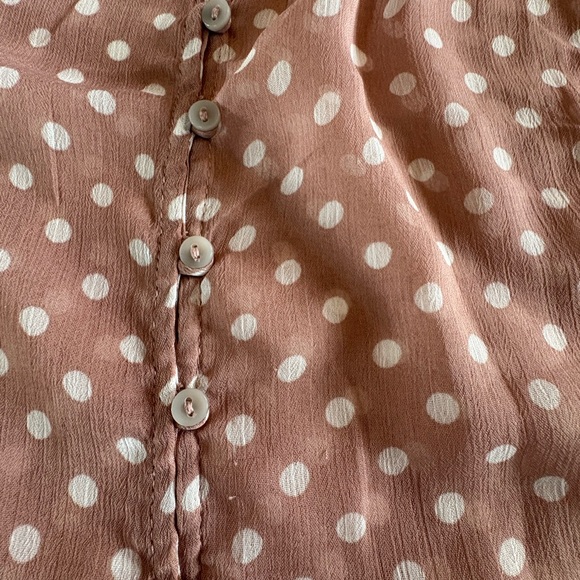 Free Bird Sheer Polka Dot Blouse Buttons Taupe White Office Preppy Top Large Tan - Picture 4 of 9